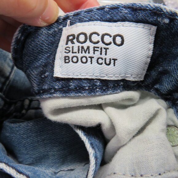 Express Rocco Jeans Mens Size 30 x 32 Distressed Bootcut Blue Denim Button Flap - Picture 6 of 11